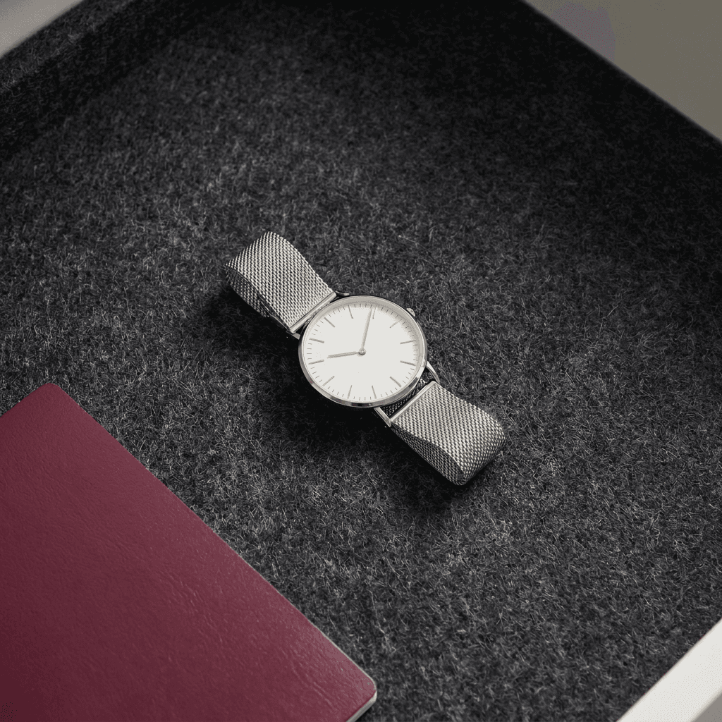 Close-up of a watch resting on the charcoal felt lining.