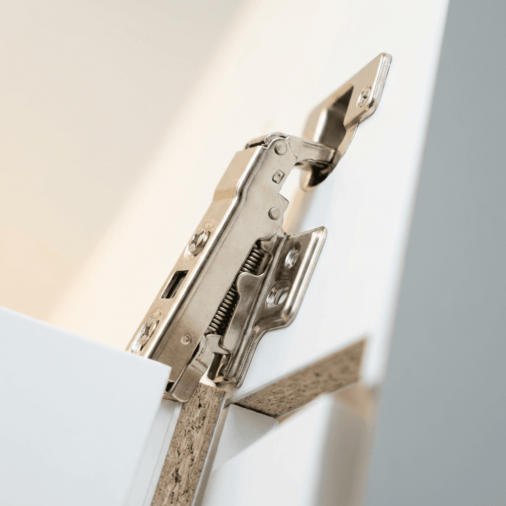 Close-up of the concealed soft-close hinge mechanism.