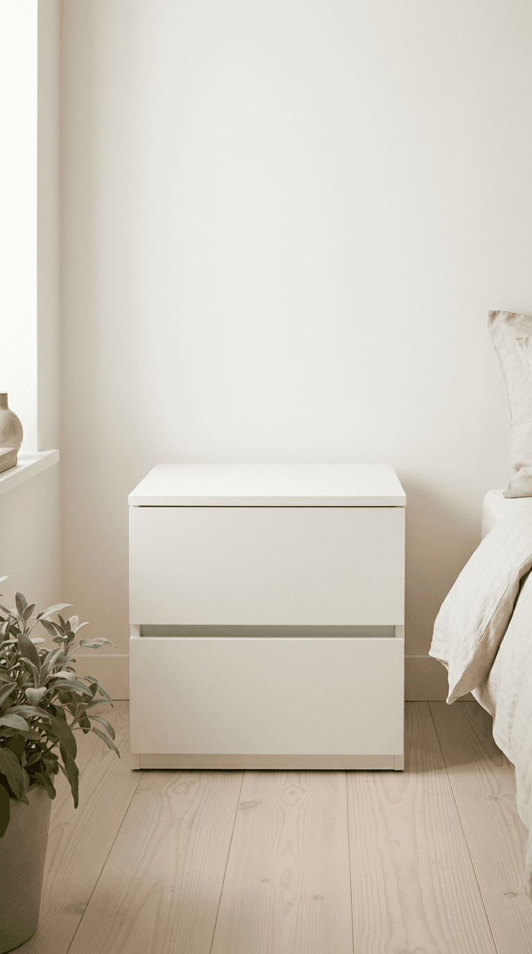 The Bedside closed: a plain white bedside table against a warm wall.