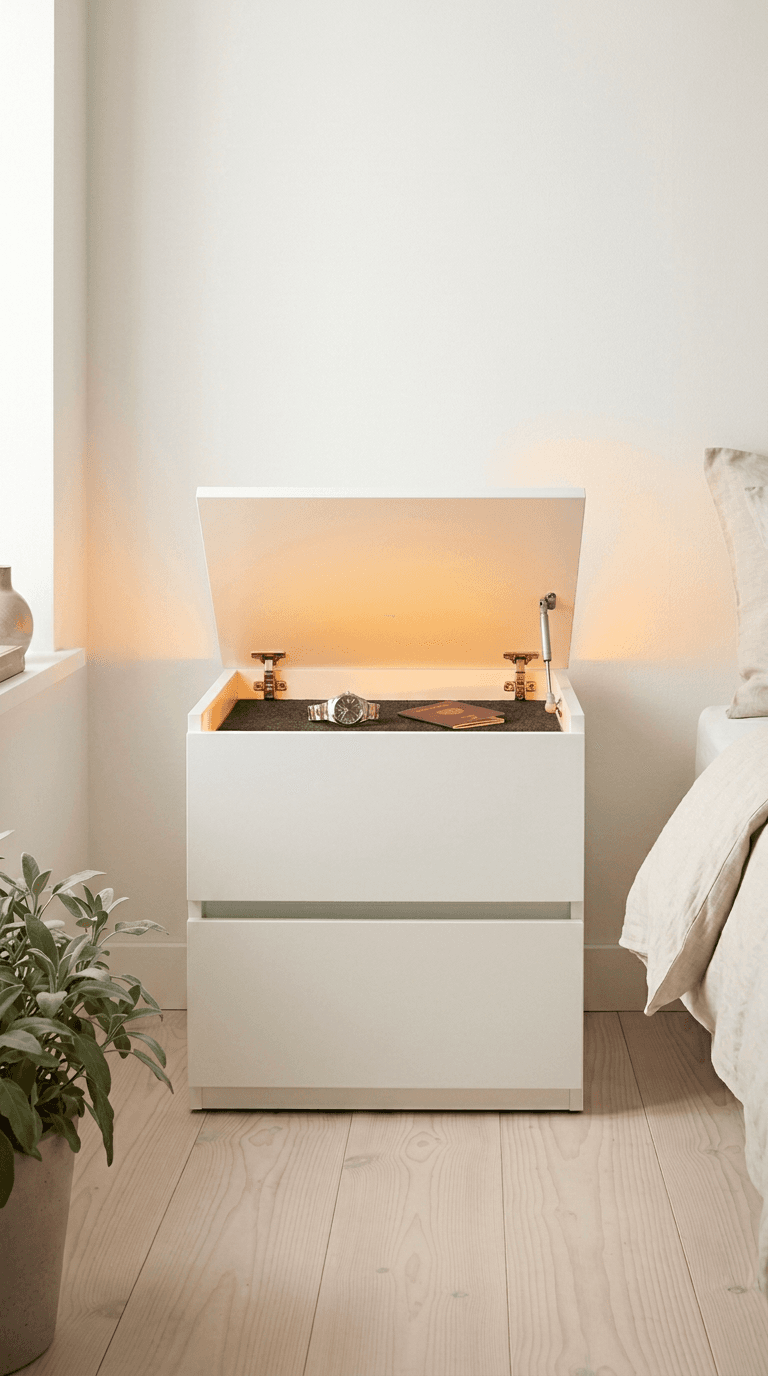 The Bedside open: the lid raised on gas struts over a felt tray holding a watch and passport, lit amber.