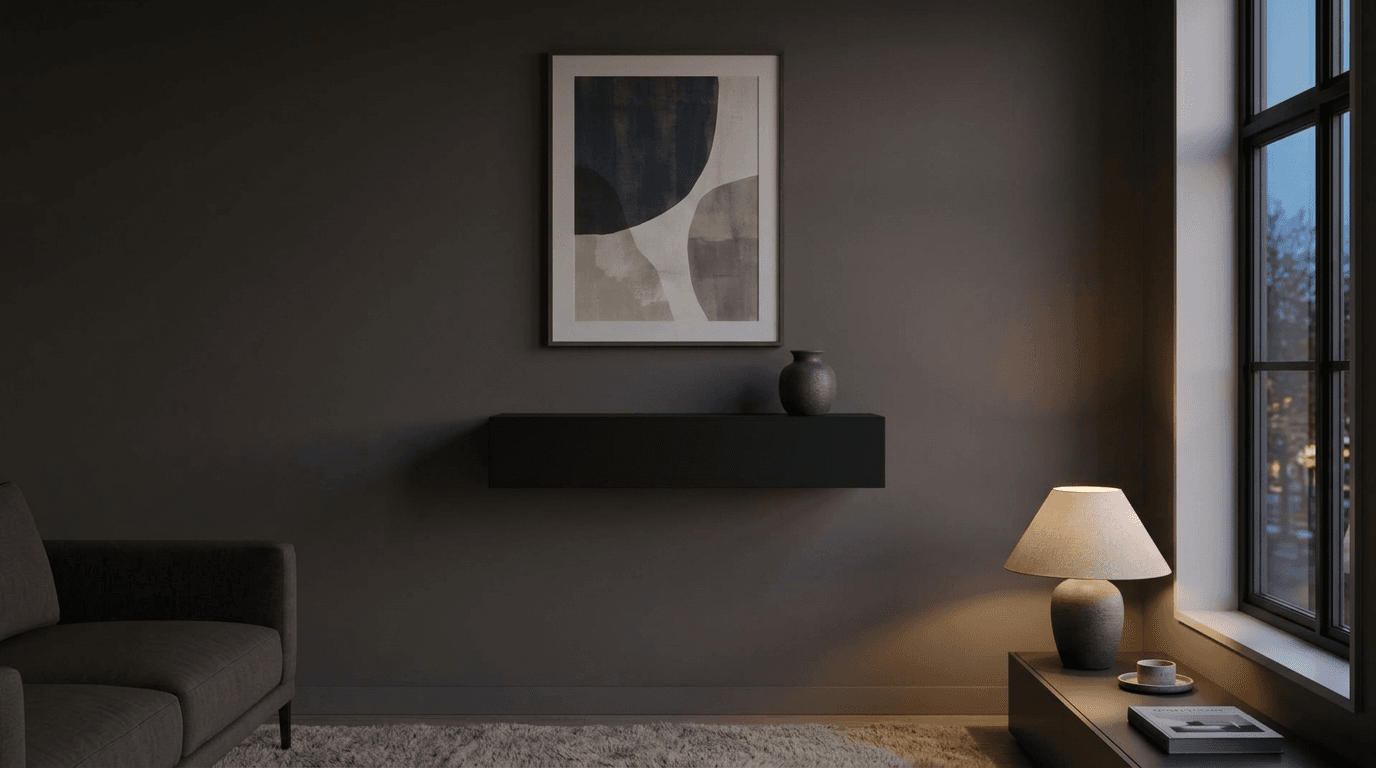 The Ledge closed — a slim black shelf on a dusk living-room wall, apparently ordinary.
